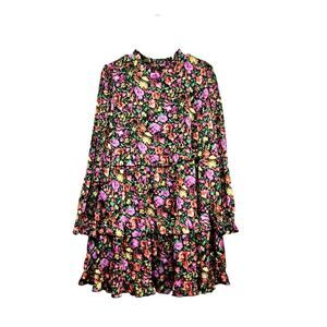 NWT Jodifl Tiered Balloon Sleeve Floral Dress Ruffle High Neck Sz Large Colorful